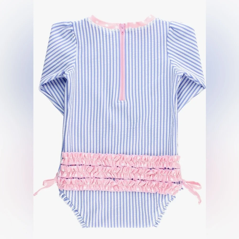 Ruffle Butts Seersucker One-Piece Rashguard Swimsuit NWOT 3-6 months